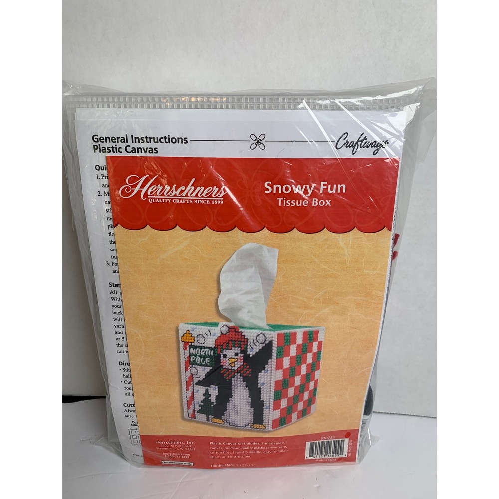Herrschners Snowy Fun Penguin Plastic Canvas Tissue Box Kit Christmas New